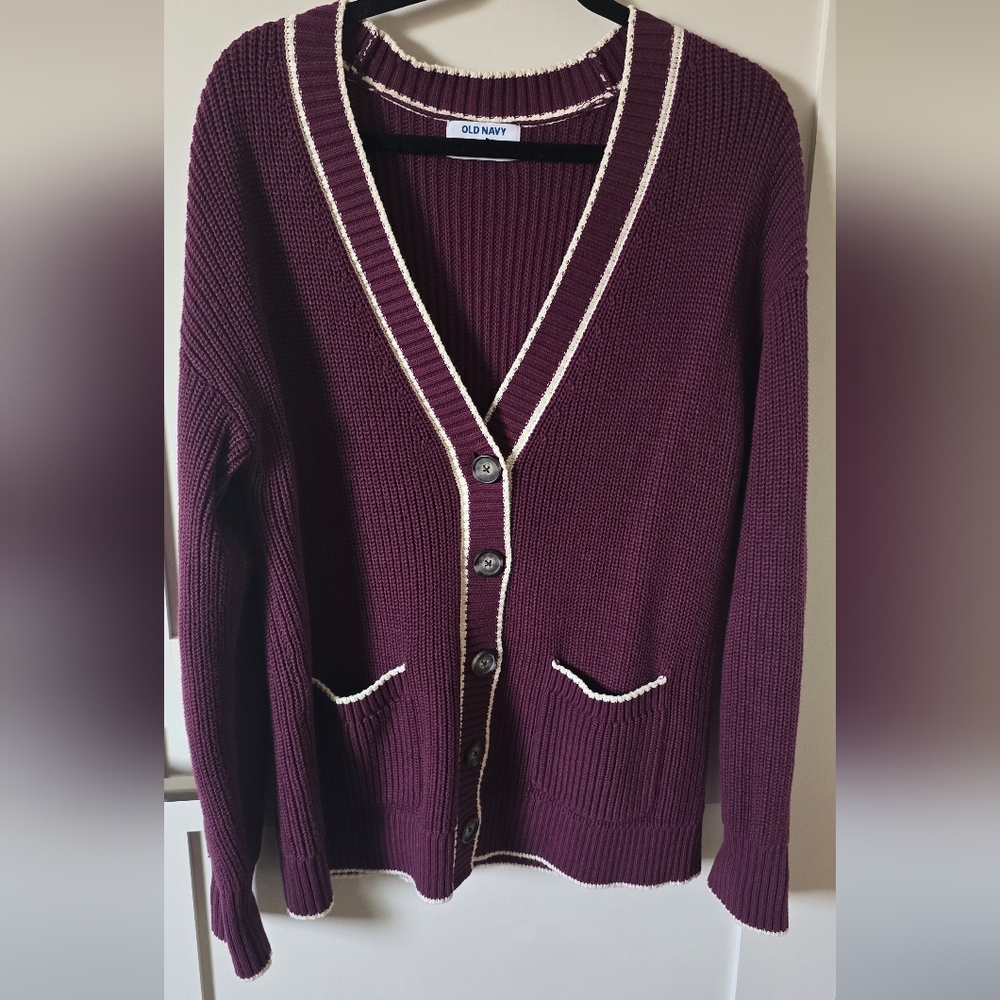 Old Navy Plum V-Neck Button Cardigan with Cream Trim